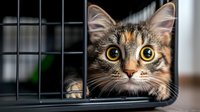 Curious tabby cat with bright yellow eyes peering through metal cage bars at animal shelter, highlighting emotional pet adoption and animal welfare themes.