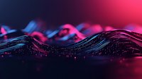 Abstract digital waves with neon pink and blue lighting effects creating dynamic motion against dark background, futuristic technology concept.