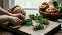 Fresh herbs being chopped on wooden cutting board with rustic bread and vegetables in wicker basket for healthy cooking and meal preparation.
