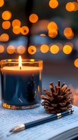 Cozy winter evening with burning candle, pine cone and pencil on open book against blurred golden bokeh lights creating warm atmospheric mood.
