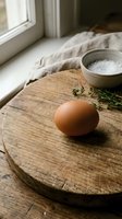 Fresh brown egg on rustic wooden cutting board with herbs and salt bowl in cozy kitchen setting with natural window light for cooking and baking.