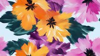 Vibrant floral pattern with orange, pink and purple brushstroke flowers on light background. Expressive botanical art with loose painterly style creates dynamic summer mood.