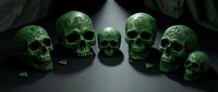 Green skulls with ornate Celtic patterns arranged on dark surface for Halloween, gothic, or mystical design projects.