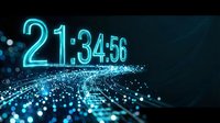 Glowing digital countdown timer displaying 21:34:56 with cyan blue neon numbers floating above sparkling particle wave on dark background for technology presentations.