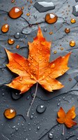 Vibrant orange maple leaf with water droplets on dark gray slate background, creating striking autumn contrast for seasonal designs.