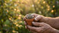 Elderly hands gently holding small potted succulent plant with warm bokeh lights background symbolizing care, growth, and nurturing in golden hour lighting.