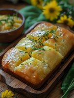 Freshly baked lemon pound cake with citrus glaze and thyme garnish on wooden board, styled with sunflowers and green textile for food photography and recipe blogs.
