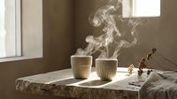 Two steaming coffee cups on rustic wooden table with natural sunlight streaming through window creating warm morning atmosphere for cozy cafe scenes.