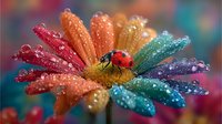 Ladybug resting on colorful rainbow daisy flower petals covered with morning dew drops against blurred garden background.