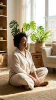 Young Black woman in casual linen clothing sitting cross-legged on natural fiber rug in bright, plant-filled living room with monstera and fern plants by window for wellness and lifestyle content.