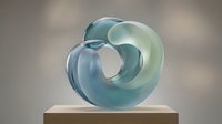 Modern abstract glass sculpture with flowing curves in blue and green tones displayed on wooden pedestal against neutral background for contemporary art concepts.
