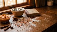 Rustic kitchen scene with scattered spices, cinnamon sticks, wooden bowls and recipe book on weathered table creating warm cooking atmosphere.