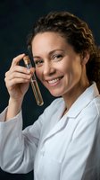 Smiling mixed-race female scientist in white lab coat holding test tube with liquid sample for laboratory research and chemical analysis experiments.
