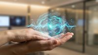 Open palm holding glowing turquoise energy sphere with swirling light effects in modern office setting, representing innovation, technology, and digital transformation for business concepts.