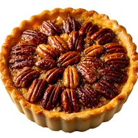 Homemade pecan pie with golden flaky crust and caramelized pecans arranged in circular pattern, traditional American dessert for holidays and celebrations.