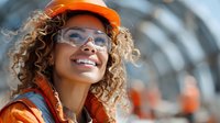 Smiling mixed-race female construction worker wearing orange hard hat and safety glasses at industrial site with curly hair and protective gear.