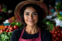 Hispanic female farmer in striped sun hat and pink apron smiling warmly at farmers market produce stand with fresh tomatoes and vegetables in background.