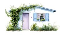 Charming cottage with purple door, blue shutters, and climbing ivy. Wildflowers and greenery surround this cozy countryside home with rustic appeal.