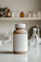 Brown medicine bottle with blank white label on laboratory table, selective focus composition with blurred pharmacy background and glass containers.