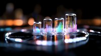 Futuristic holographic display with glowing cylindrical data columns on circular platform. Advanced technology interface for digital presentations and analytics.