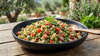 Colorful quinoa salad with fresh vegetables, herbs and tomatoes served in black bowl outdoors for healthy eating and meal prep.