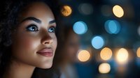 Young African American woman with natural curly hair gazing upward against blurred bokeh lights background, expressing hope and contemplation in dramatic evening lighting.