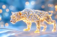 Glowing leopard figure illuminated with warm fairy lights against blue bokeh background creates magical holiday atmosphere and festive winter mood.