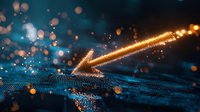 Glowing digital arrow points downward on circuit board texture with bokeh light effects and particles, representing technology decline or data transfer.