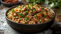 Aromatic fried rice with tender chicken pieces, fresh carrots, and green onions garnished with cilantro in rustic ceramic bowl on dark background. Food photography.
