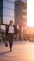 Confident Caucasian businesswoman in suit walking outdoors at sunset near modern glass office buildings, carrying leather bag.