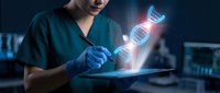 Female healthcare professional in scrubs examining glowing DNA helix hologram on tablet in modern medical laboratory for genetic research and biotechnology.