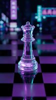 Glass chess queen piece on chessboard with neon purple and blue lighting effects creating futuristic cyberpunk atmosphere for strategic business concepts.