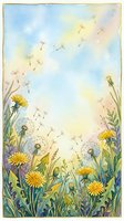 Watercolor dandelion meadow with seeds floating in a pastel blue and yellow sky, soft botanical art for cards, prints, and wall decor.
