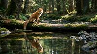 Mink or weasel standing on mossy log over forest stream, reflected in calm water surrounded by woodland trees and natural habitat.