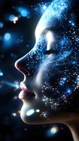 Profile silhouette with glowing constellation and network patterns overlaid on face against dark background with bokeh lights, representing artificial intelligence.