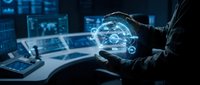 Businessman holding glowing digital brain with AI neural network connections in futuristic office workspace with multiple monitors and data analytics.