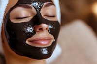 Young woman with closed eyes enjoying black clay mask facial treatment at spa salon, wellness and skincare concept for beauty advertising.