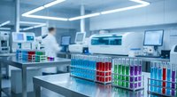 Modern laboratory with colorful test tubes and scientific equipment for medical research and chemical analysis in sterile environment.
