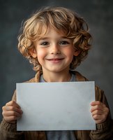 Young caucasian child with curly blonde hair and bright smile holding blank white paper against dark background, wearing brown sweater. Great for education or advertising.