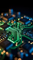 Glowing green circuit board pathways with illuminated electronic components and bokeh lights, representing technology, data processing, and digital innovation for tech industry applications.