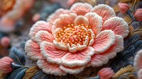 Delicate peach-colored flower with intricate layered petals and detailed textural center, set against moody dark background. Artistic macro photography for nature decor.