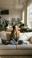 Young Caucasian woman sitting cross-legged on sofa in bright coworking space, looking away thoughtfully, laptop nearby, green plants around.