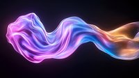 Glowing abstract wave with vibrant neon colors flowing from pink to blue and orange on black background, creating dynamic light motion effect for modern design projects.