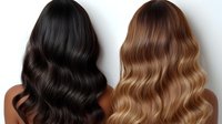 Long wavy hair in dark brown and honey blonde shades shown from behind on white background, demonstrating professional hairstyling and color comparison.