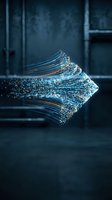 Abstract digital wave with glowing particles and light trails in blue tones for technology and innovation concepts in modern interior space.