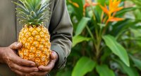 Farmer holding fresh ripe pineapple in hands at tropical plantation garden. Agricultural harvest concept for farming, agriculture, and produce industry use.