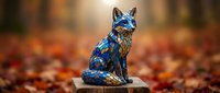 Ornate blue fox sculpture with intricate patterns sits on wooden surface surrounded by colorful autumn leaves in warm bokeh background for decorative art.