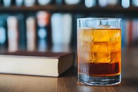 Whiskey on the rocks in a crystal glass beside a book on a wooden table, with a blurred library background creating a cozy atmosphere.