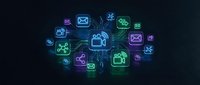 Digital communication network with glowing neon icons including email, messaging, video calls and social media symbols on dark background for tech presentations.
