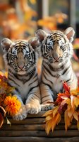 Young white tiger cubs sitting together surrounded by vibrant autumn leaves and orange flowers on wooden surface, creating seasonal wildlife scene.